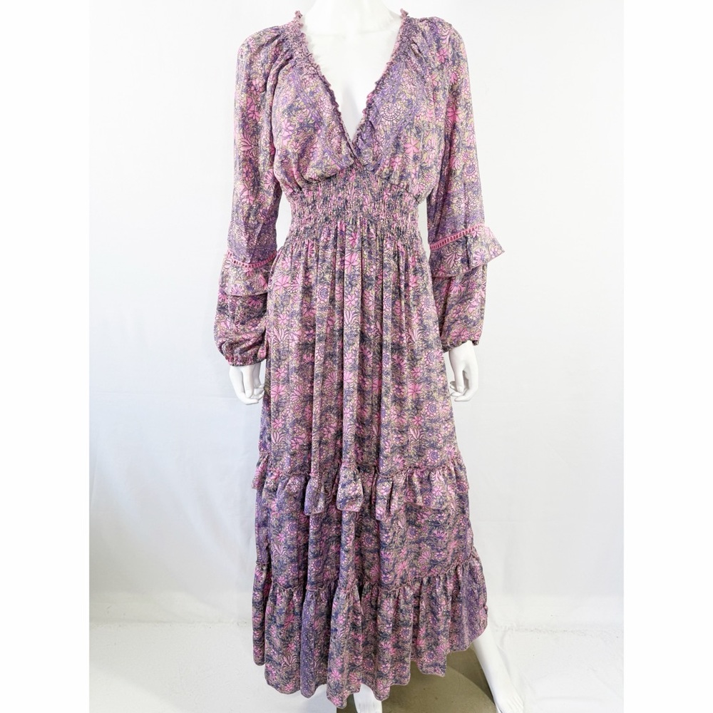 Karma Highway Pink Floral Maxi Dress One Size Casual Boho Long Sleeve V-Neck